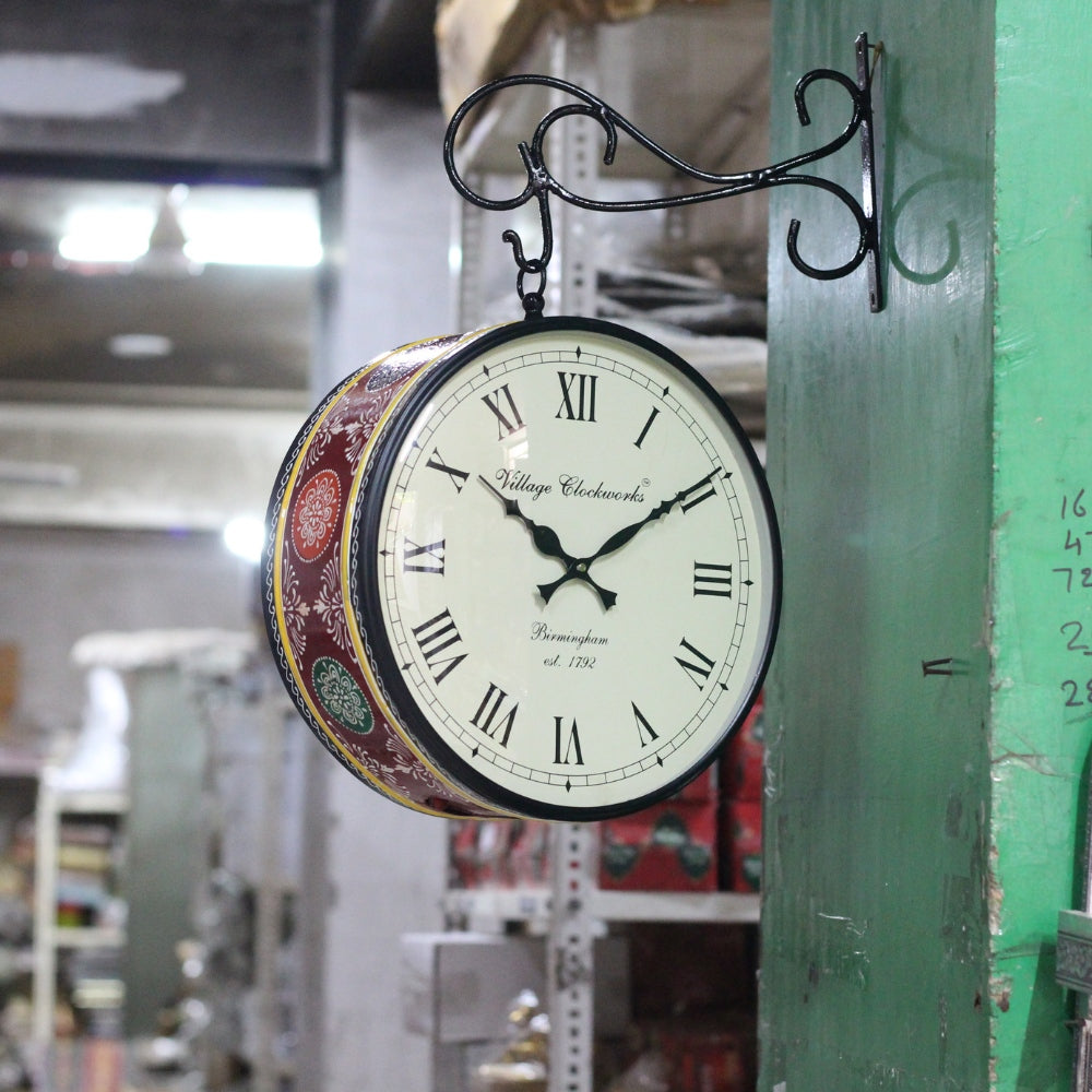 Hand-Painted Railway Wall Clock – 12 inch — Black iron frame with a cream dial and painted floral border