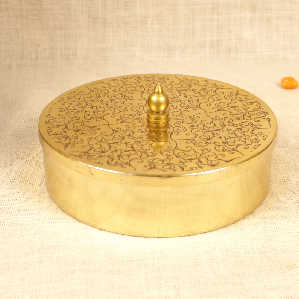 Brass Finish Masala Box — Brass gold with an etched lid