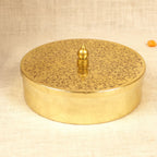 Brass Finish Masala Box — Brass gold with an etched lid