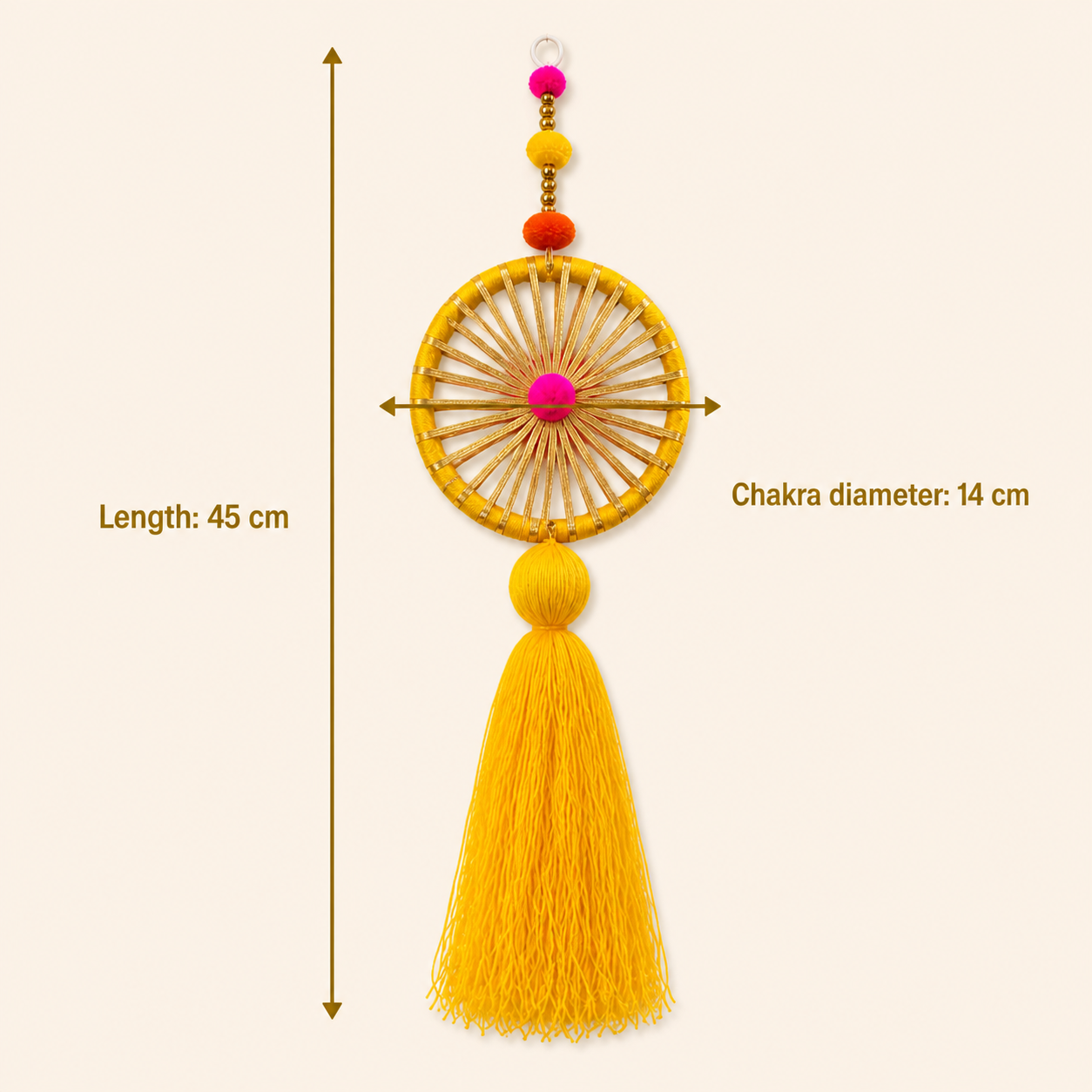 Chakra hanging dimensions: 45 cm length and 14 cm diameter