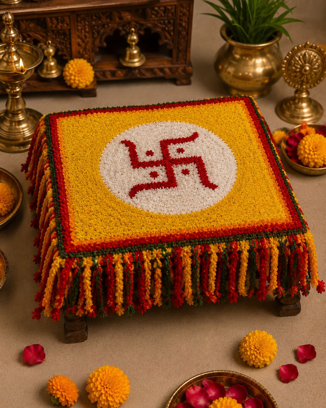 Handcrafted Festive Puja Rangoli Chowki Decor with Swastik – 15 Inch