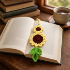 Double Sunflower crochet bookmark placed in an open book