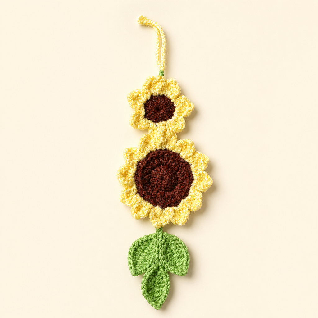 Double Sunflower handmade crochet flower bookmark, studio photo