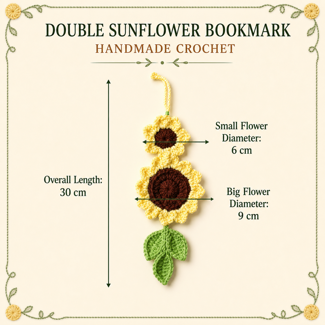 Double Sunflower crochet bookmark size guide, 30 cm total length