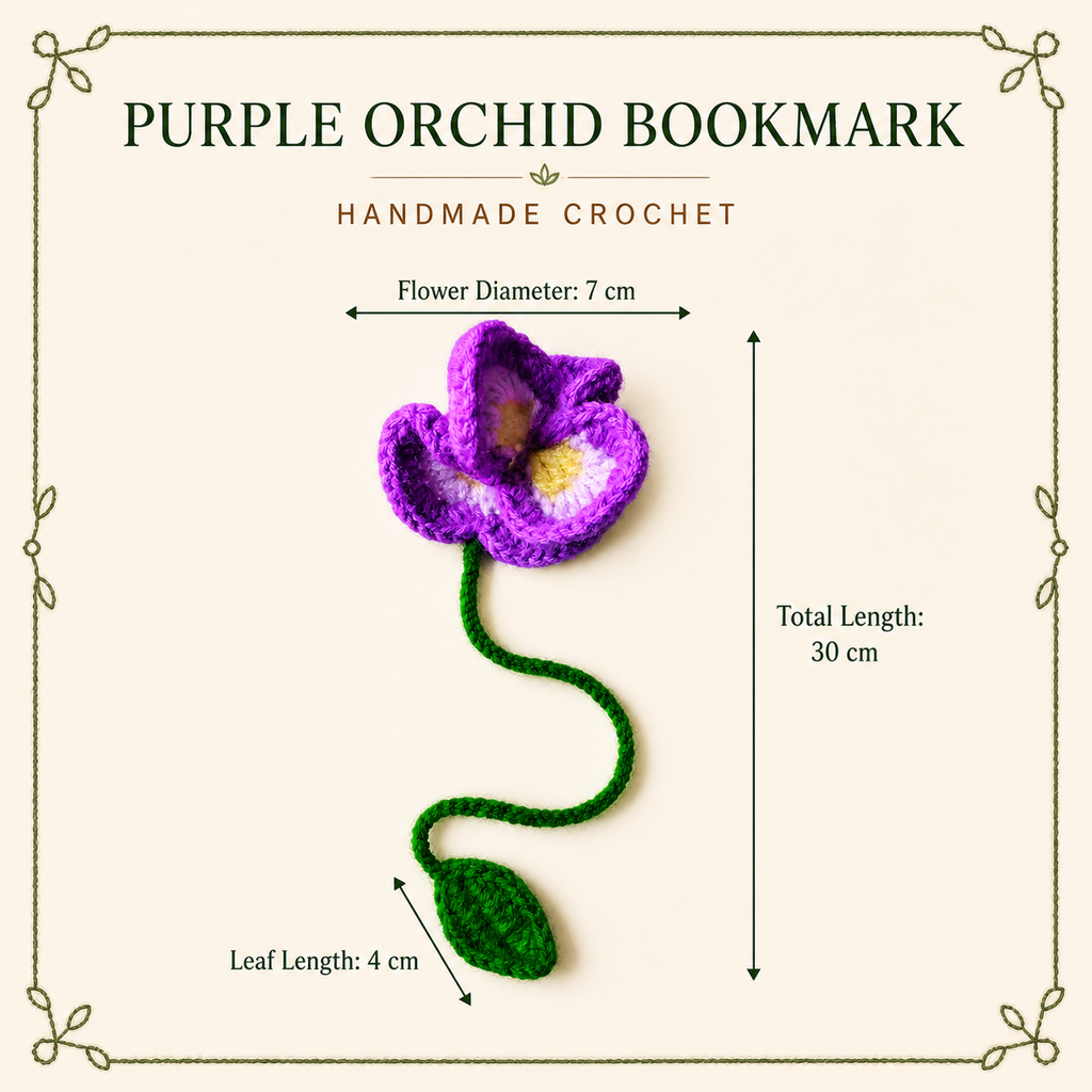 Purple Orchid crochet bookmark size guide, 30 cm total length