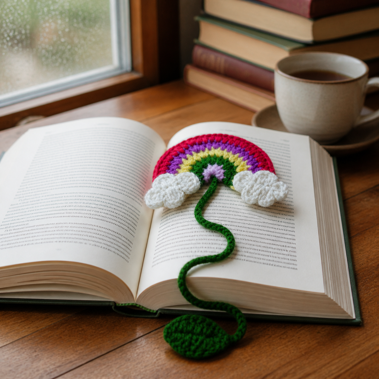 Rainbow crochet bookmark placed in an open book