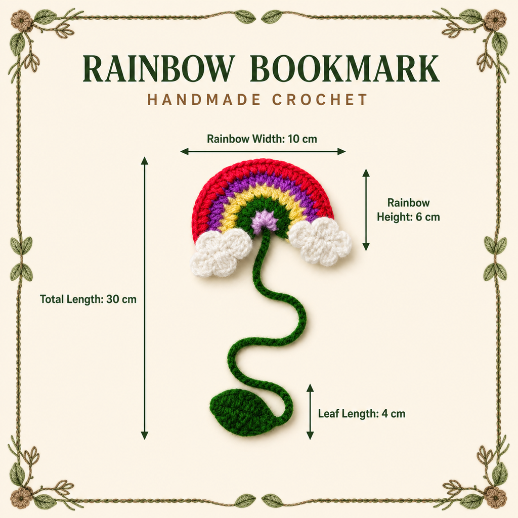 Rainbow crochet bookmark size guide, 30 cm total length
