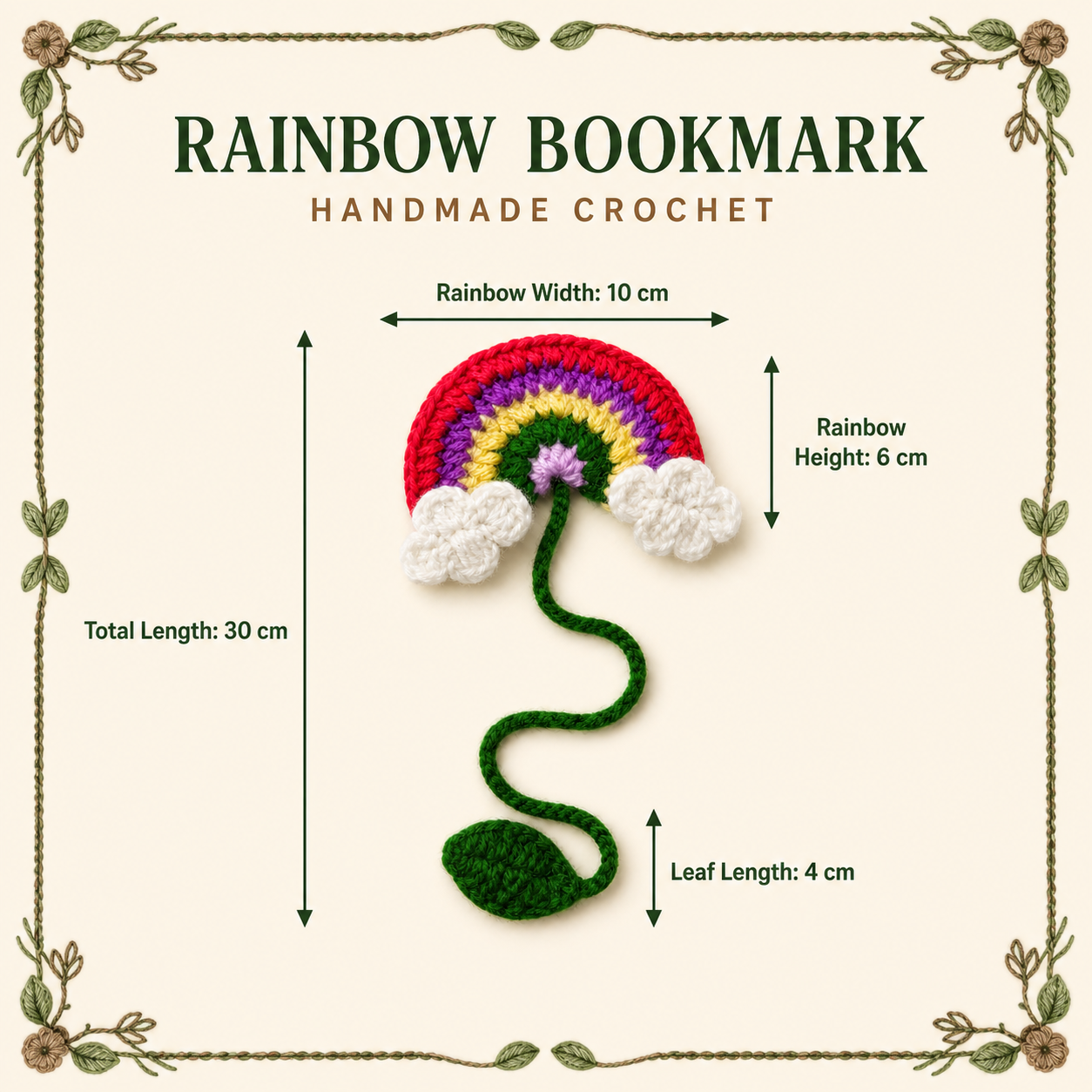 Rainbow crochet bookmark size guide, 30 cm total length
