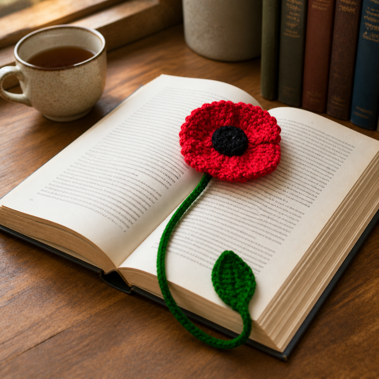 Red Poppy crochet bookmark placed in an open book