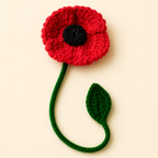 Red Poppy handmade crochet flower bookmark, studio photo