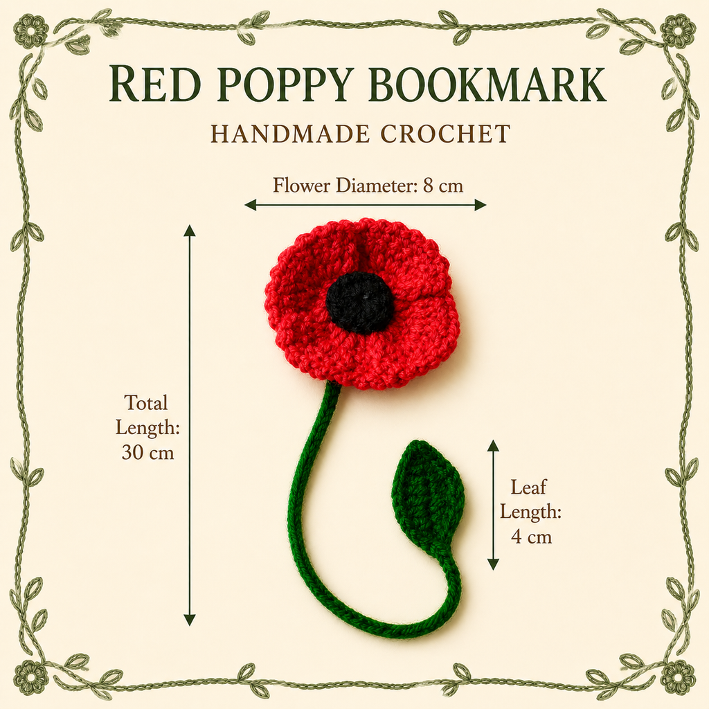 Red Poppy crochet bookmark size guide, 30 cm total length