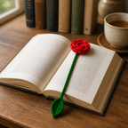 Red Rose crochet bookmark placed in an open book