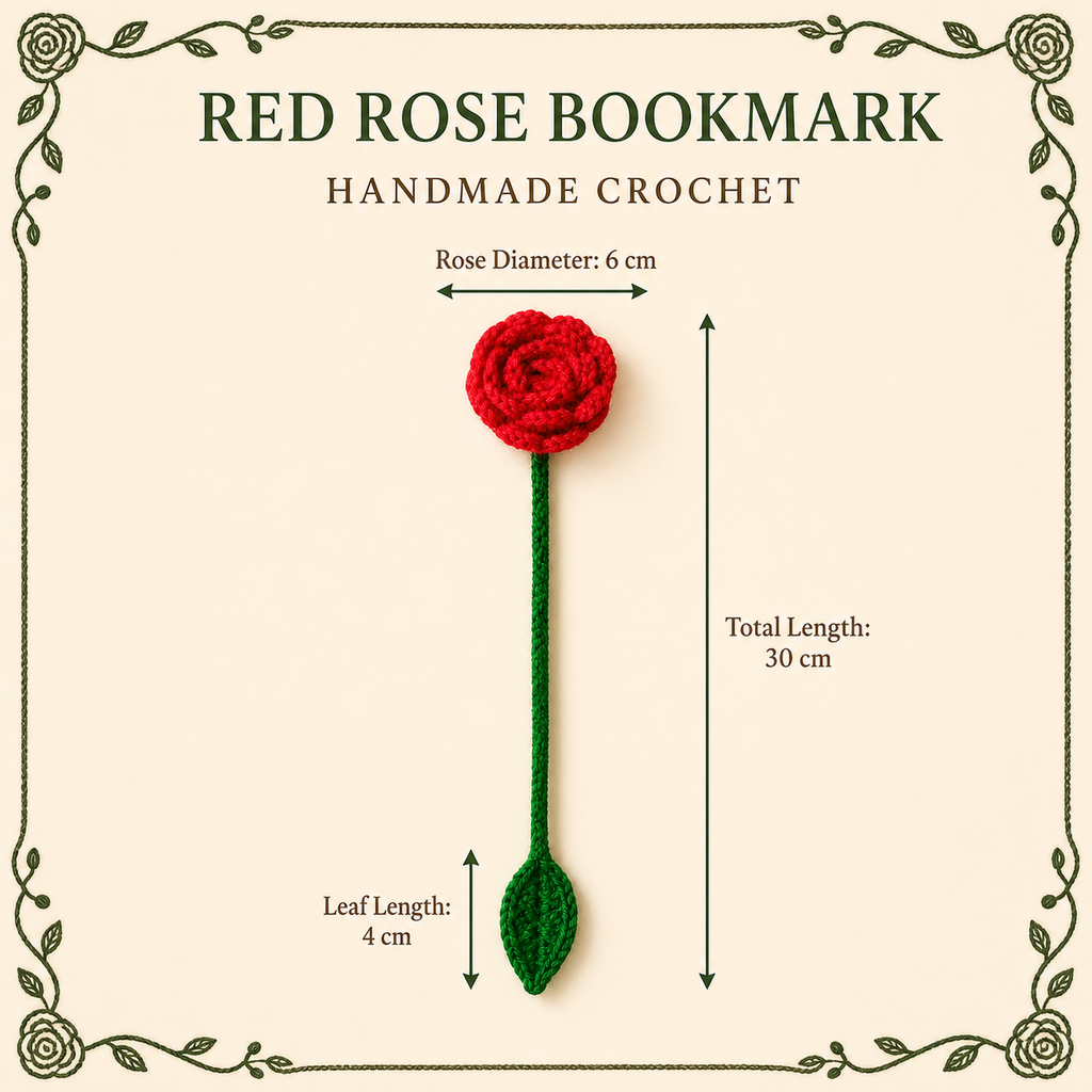 Red Rose crochet bookmark size guide, 30 cm total length