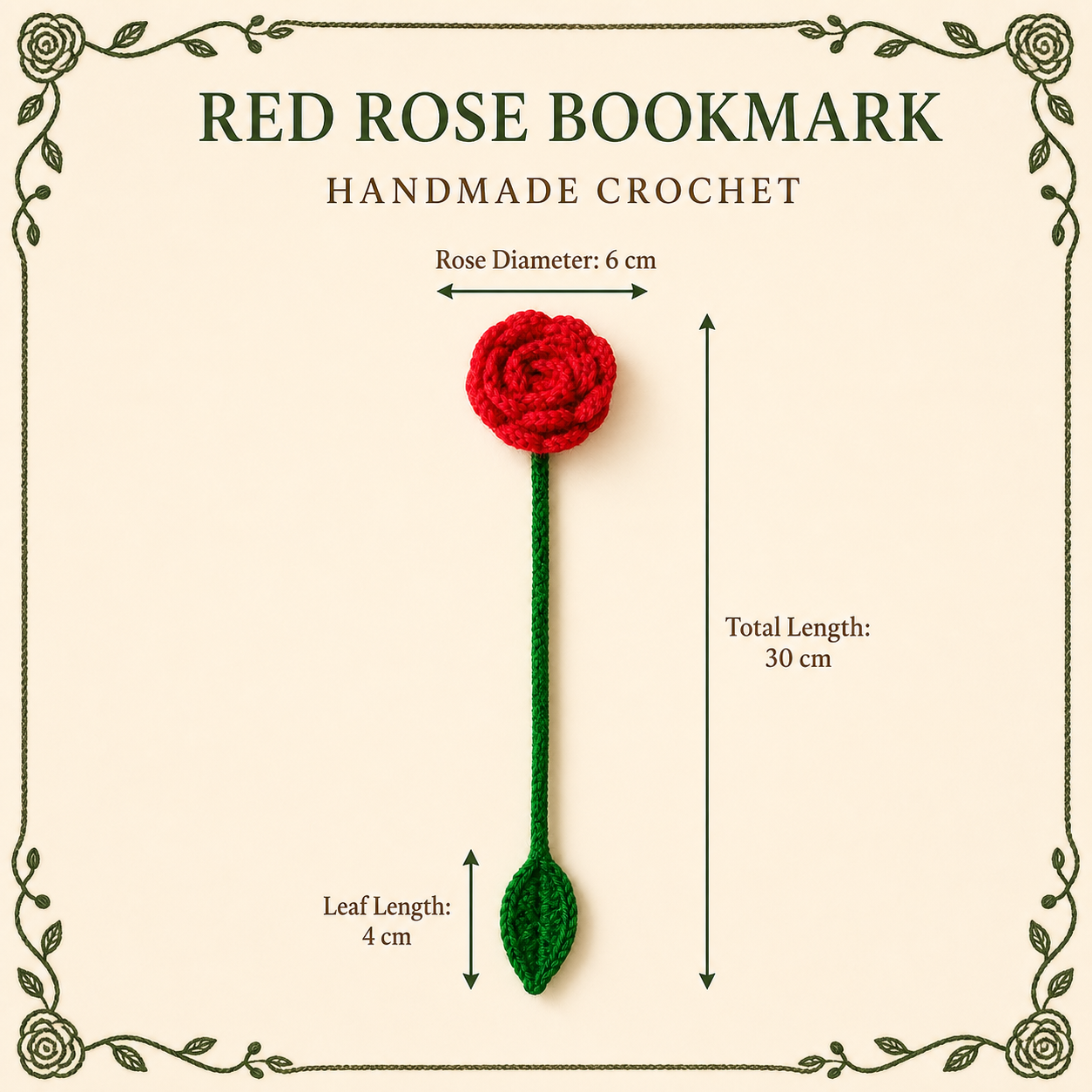 Red Rose crochet bookmark size guide, 30 cm total length