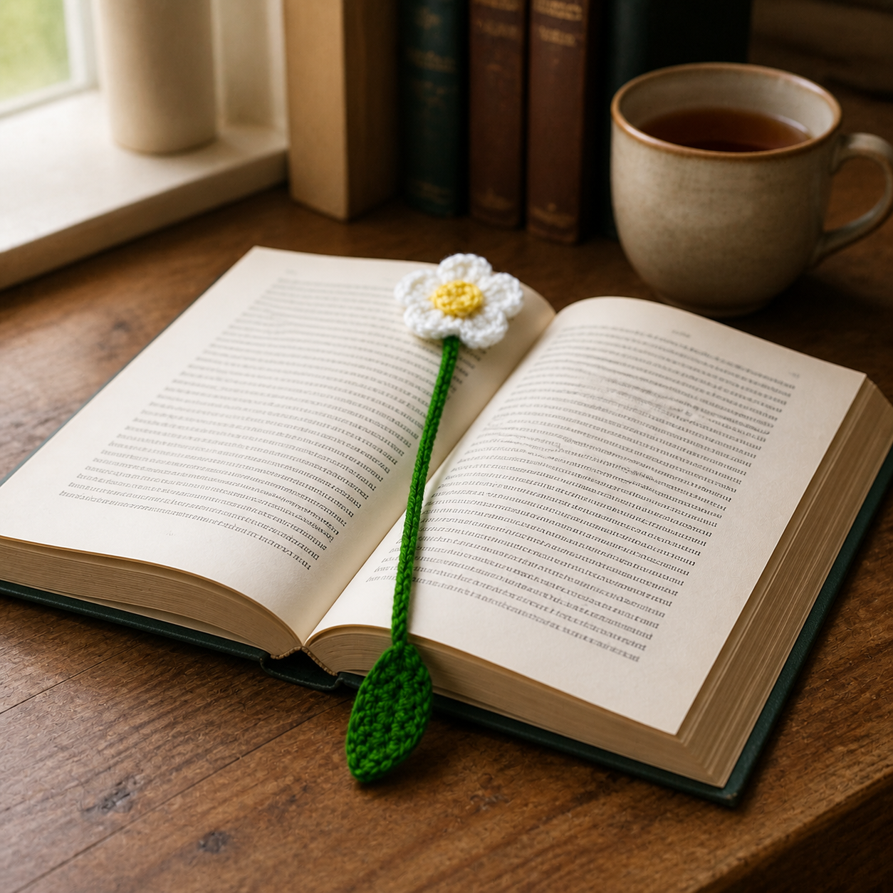 Small White Blossom crochet bookmark placed in an open book