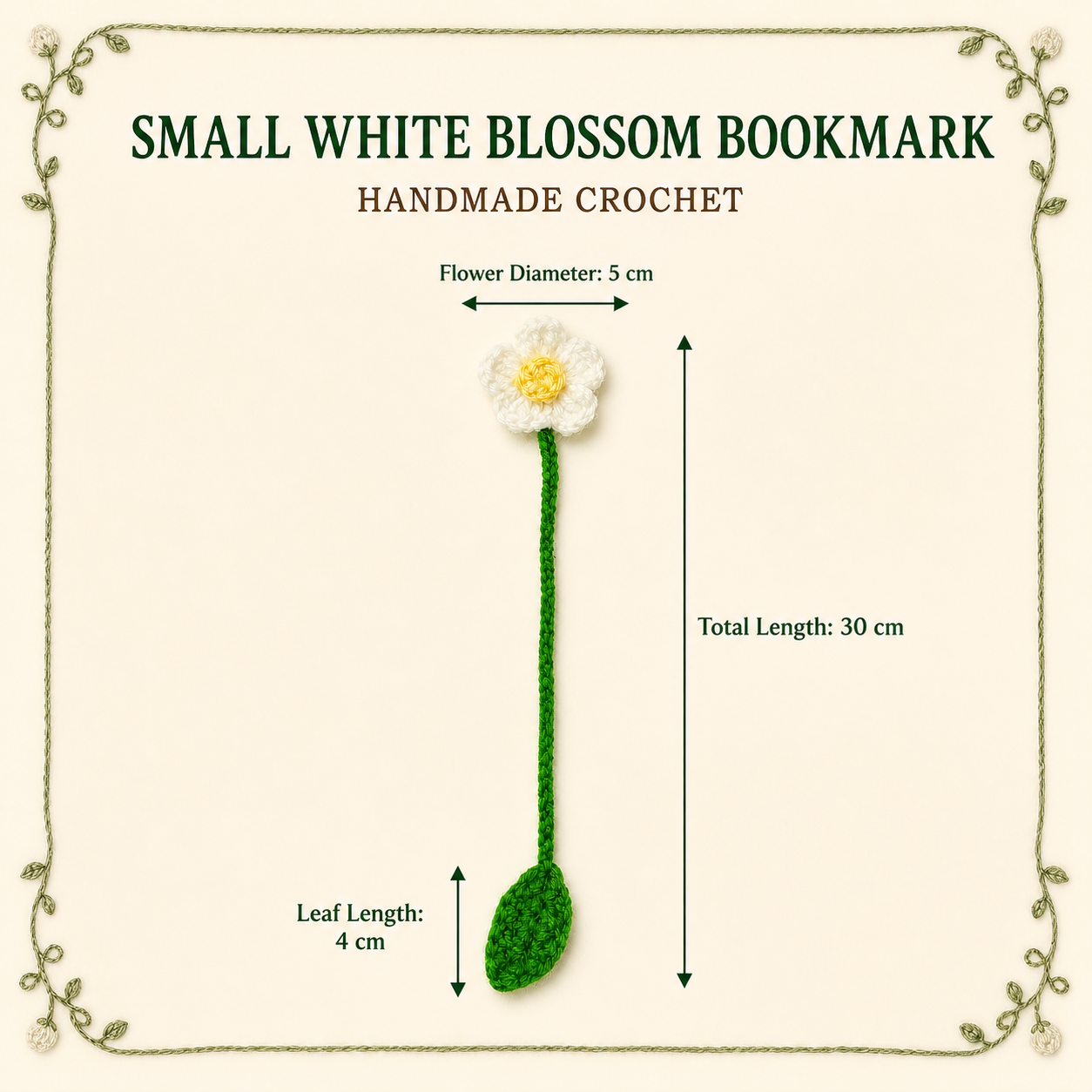 Small White Blossom crochet bookmark size guide, 30 cm total length