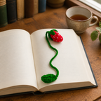 Strawberry crochet bookmark placed in an open book