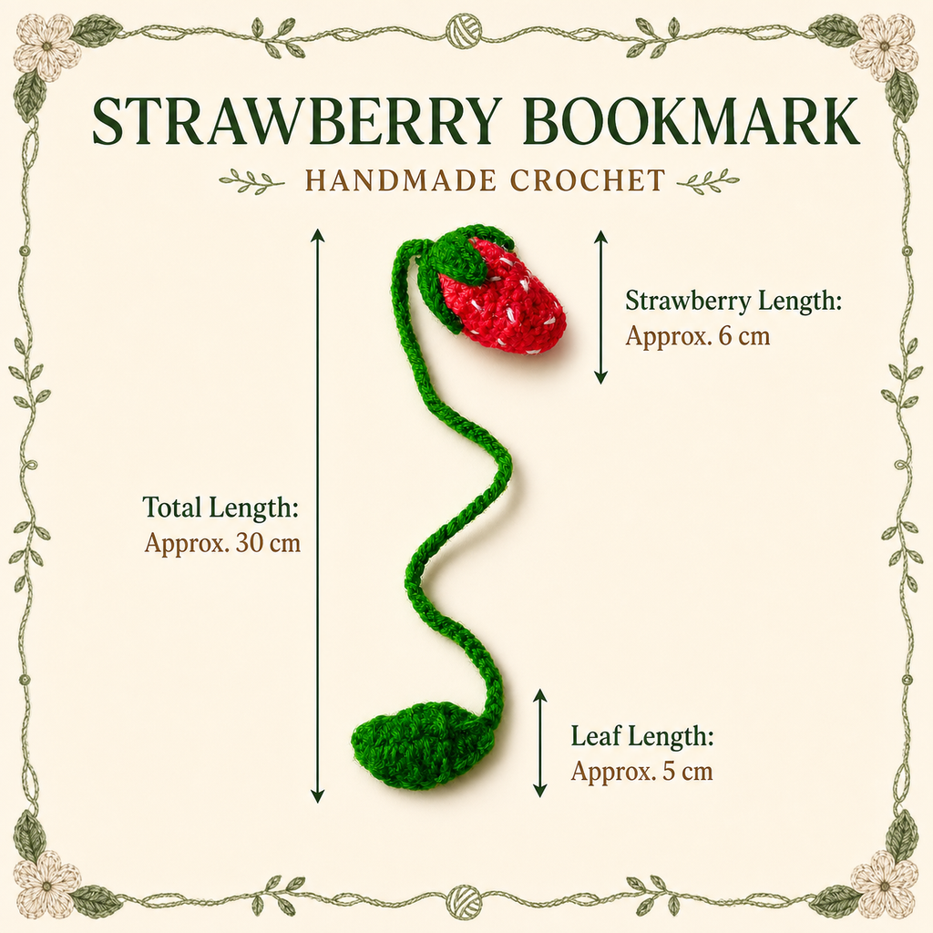 Strawberry crochet bookmark size guide, 30 cm total length