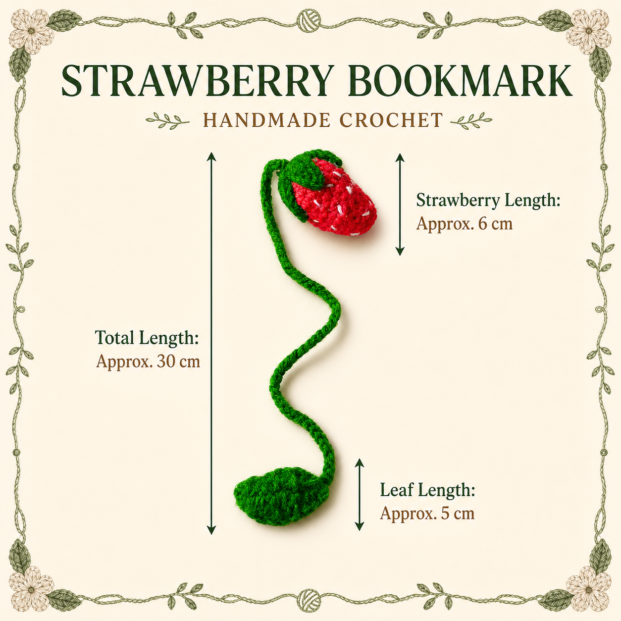 Strawberry crochet bookmark size guide, 30 cm total length