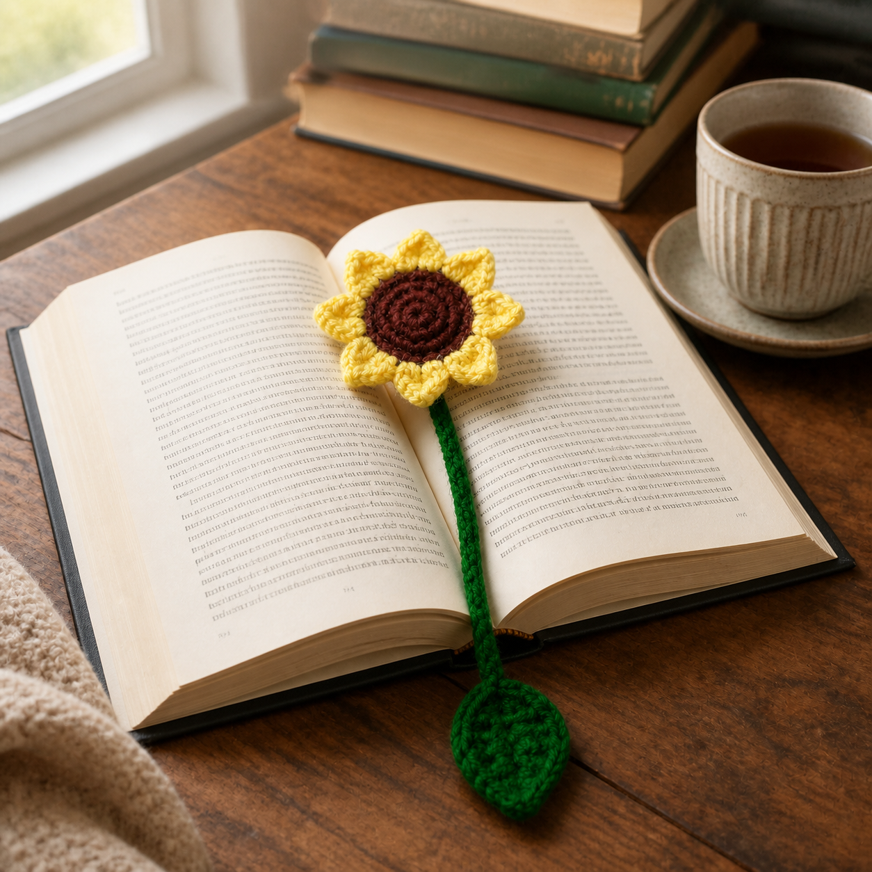 Sunflower crochet bookmark placed in an open book