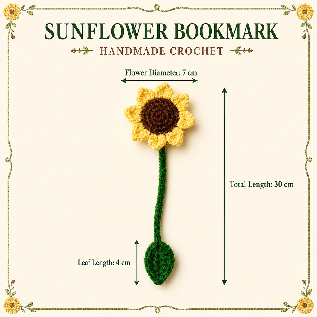 Sunflower crochet bookmark size guide, 30 cm total length
