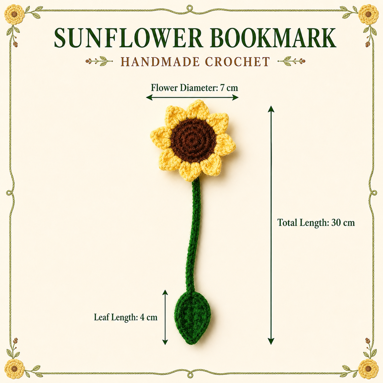 Sunflower crochet bookmark size guide, 30 cm total length