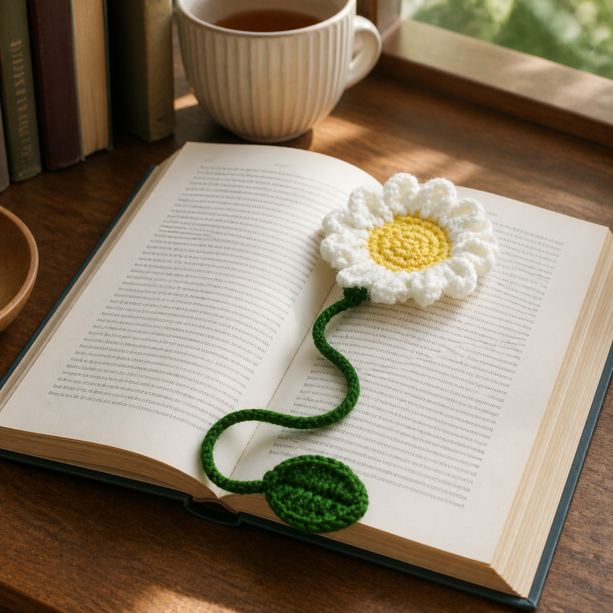 White Daisy crochet bookmark placed in an open book
