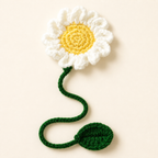 White Daisy handmade crochet flower bookmark, studio photo