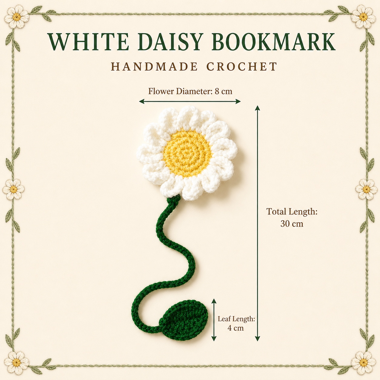 White Daisy crochet bookmark size guide, 30 cm total length