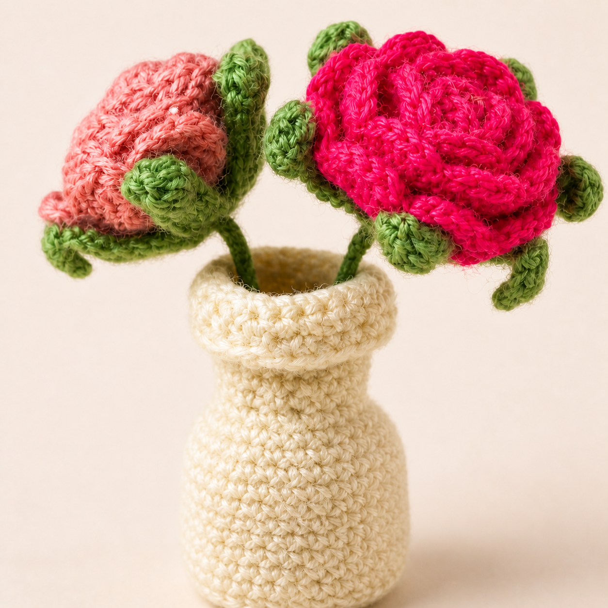 Close-up of pink crochet roses, green sepals and cream vase stitching