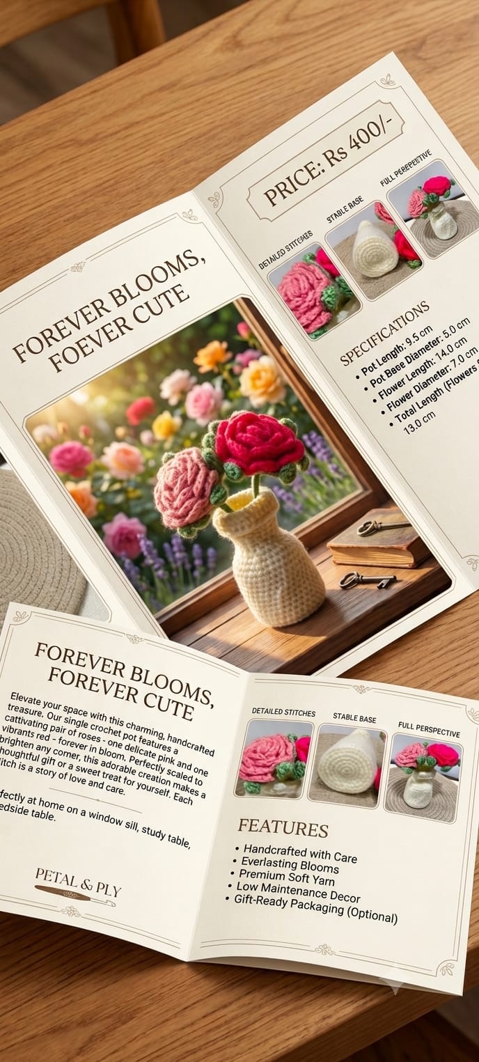 Crochet cream rose pot features, specifications and price