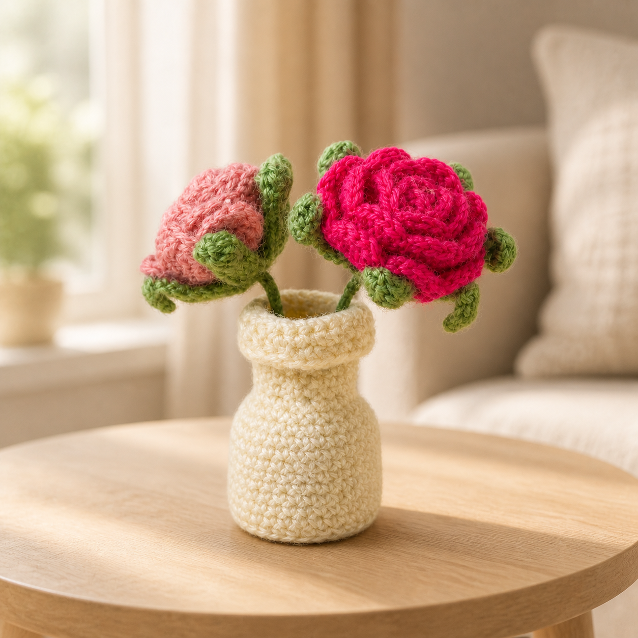 Crochet cream rose pot displayed on a wooden side table