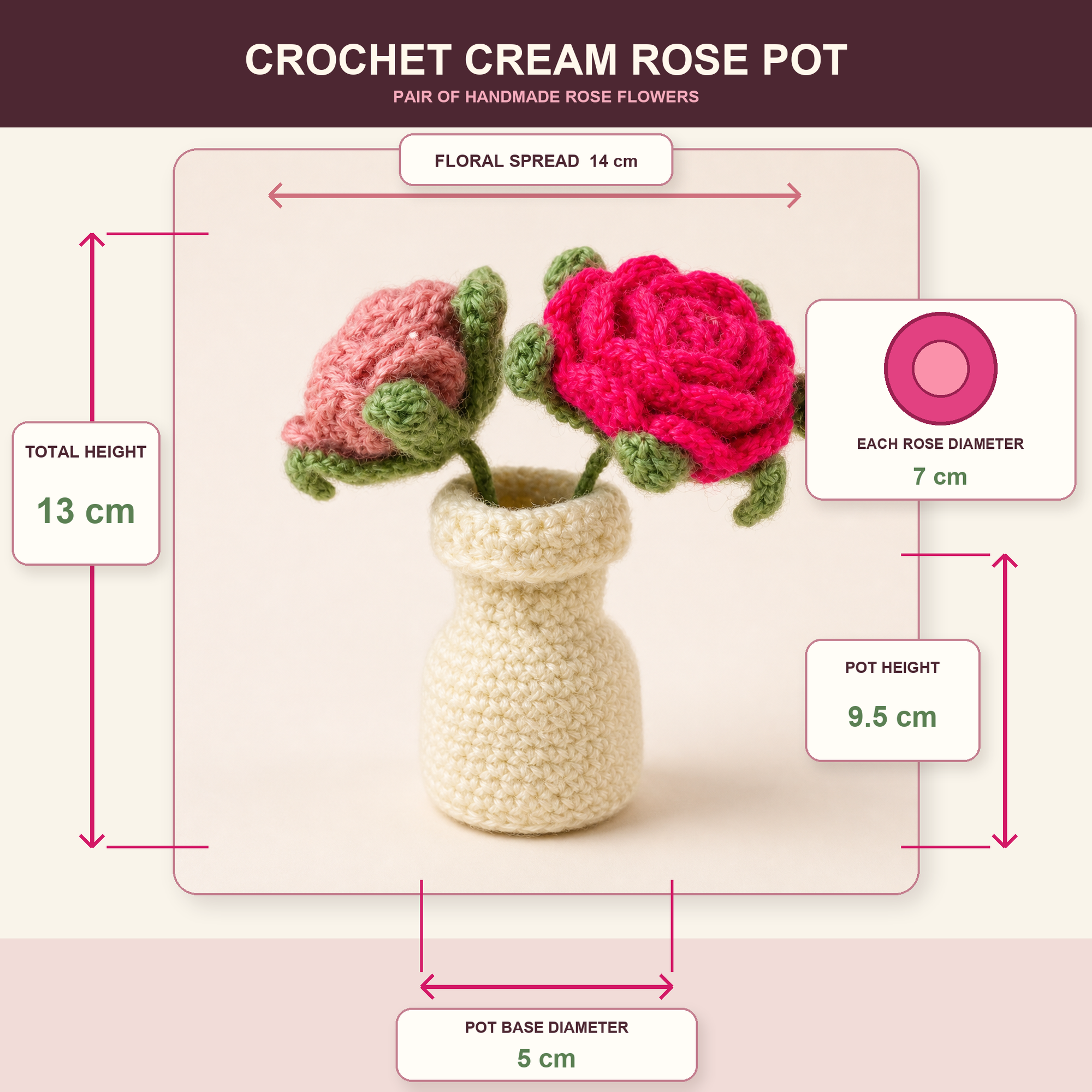 Crochet cream rose pot measurement guide