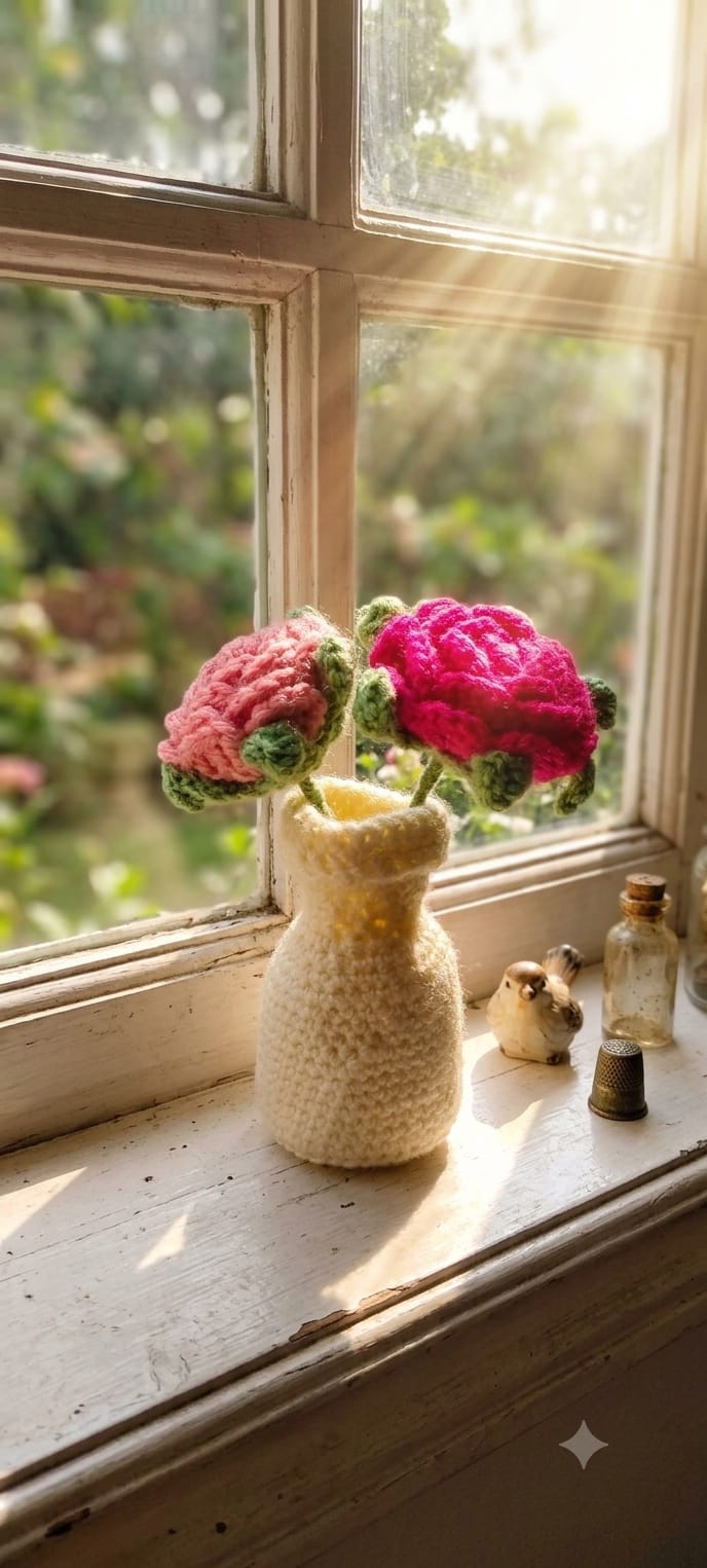 Crochet rose pot displayed on a sunny windowsill
