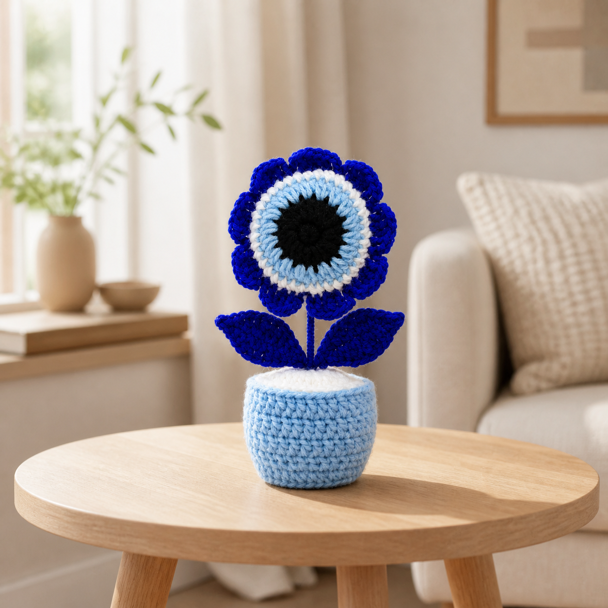Crochet evil eye pot displayed as tabletop home decor