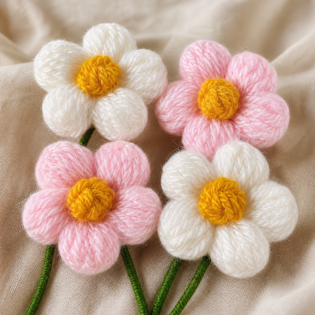 Close-up of handmade pink and white crochet puff flowers