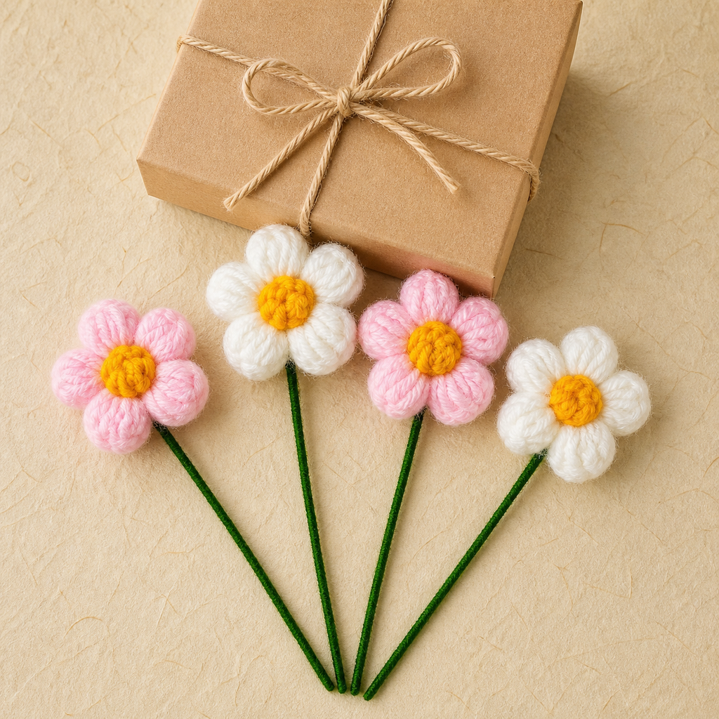 Crochet puff flower set of four displayed beside a gift box