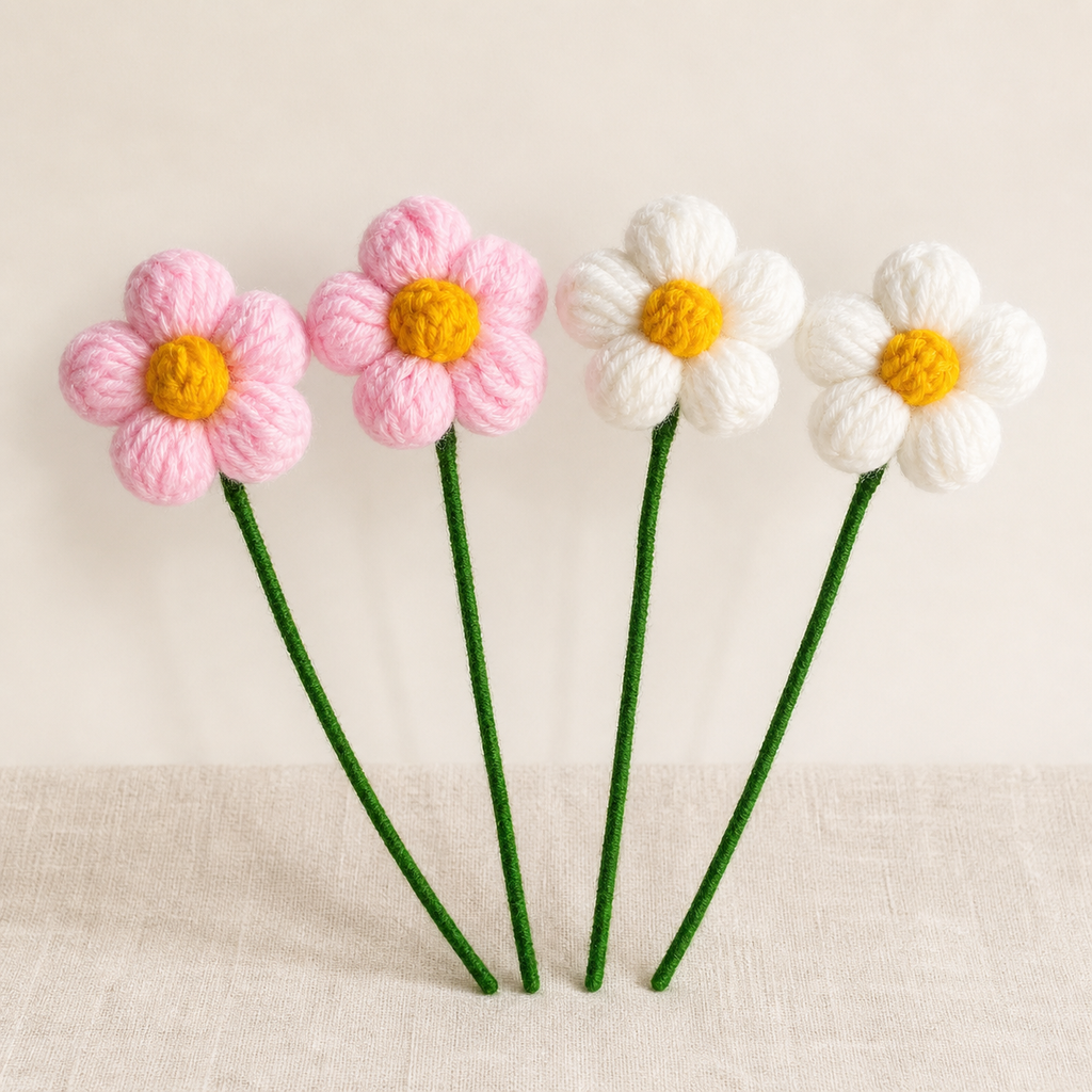 Crochet puff flower set of four with two pink and two white flowers