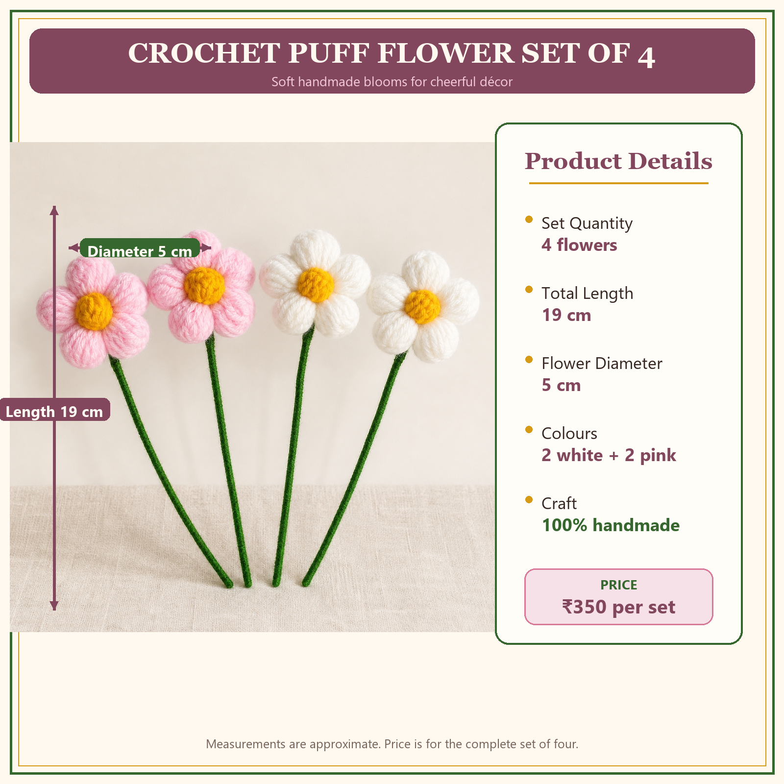 Crochet puff flower set measurements and product details