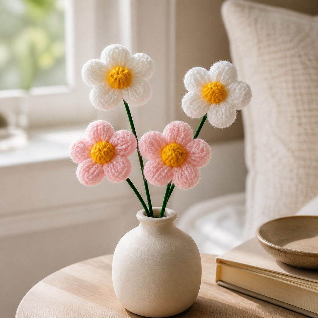 Crochet puff flower set arranged in a vase