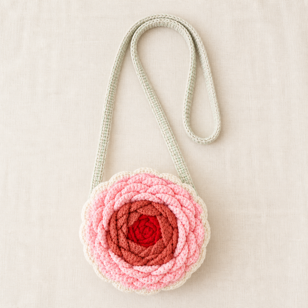 Flat lay of crochet ranunculus bloom bag with long shoulder strap