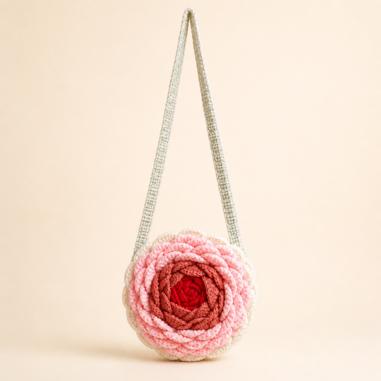 Front view of handmade crochet ranunculus flower bag