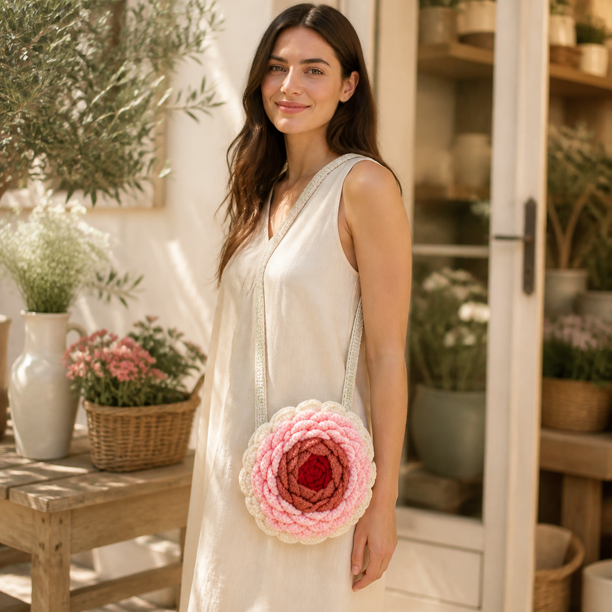 Woman wearing the crochet ranunculus bloom bag