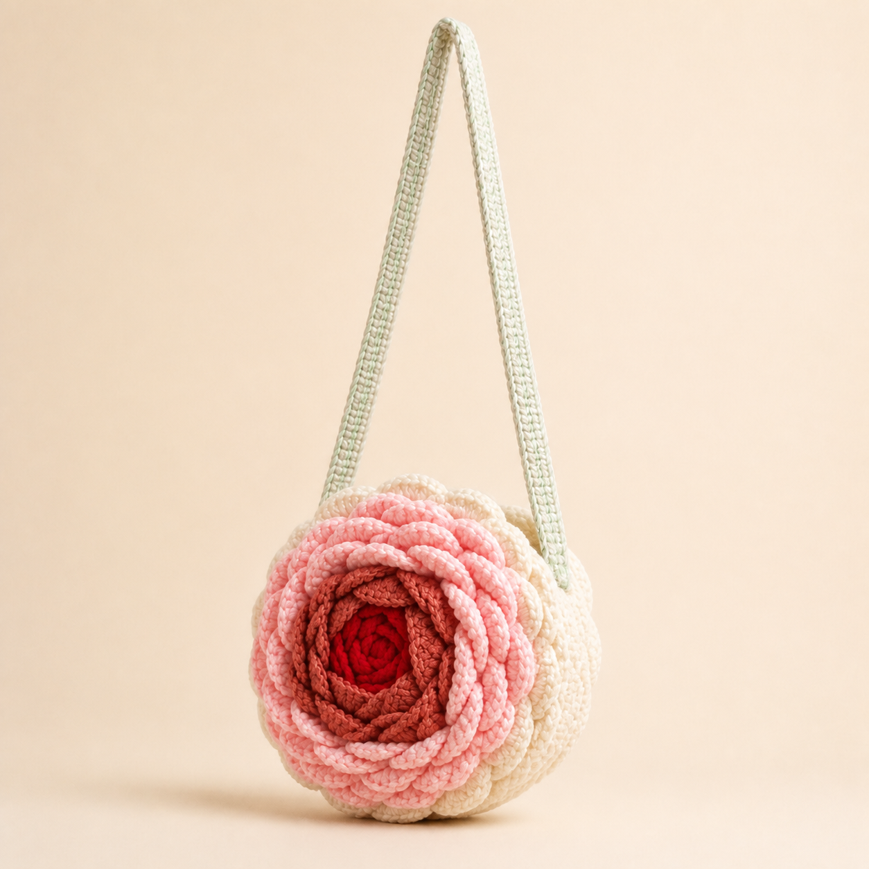 Handmade crochet ranunculus flower bag in cream, pink and deep red