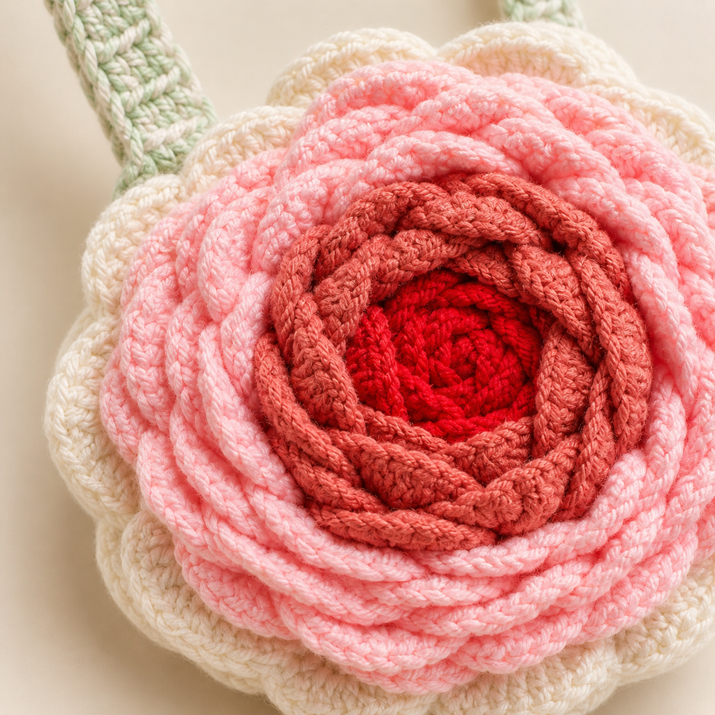 Close-up of layered crochet petals in cream, pink and deep red