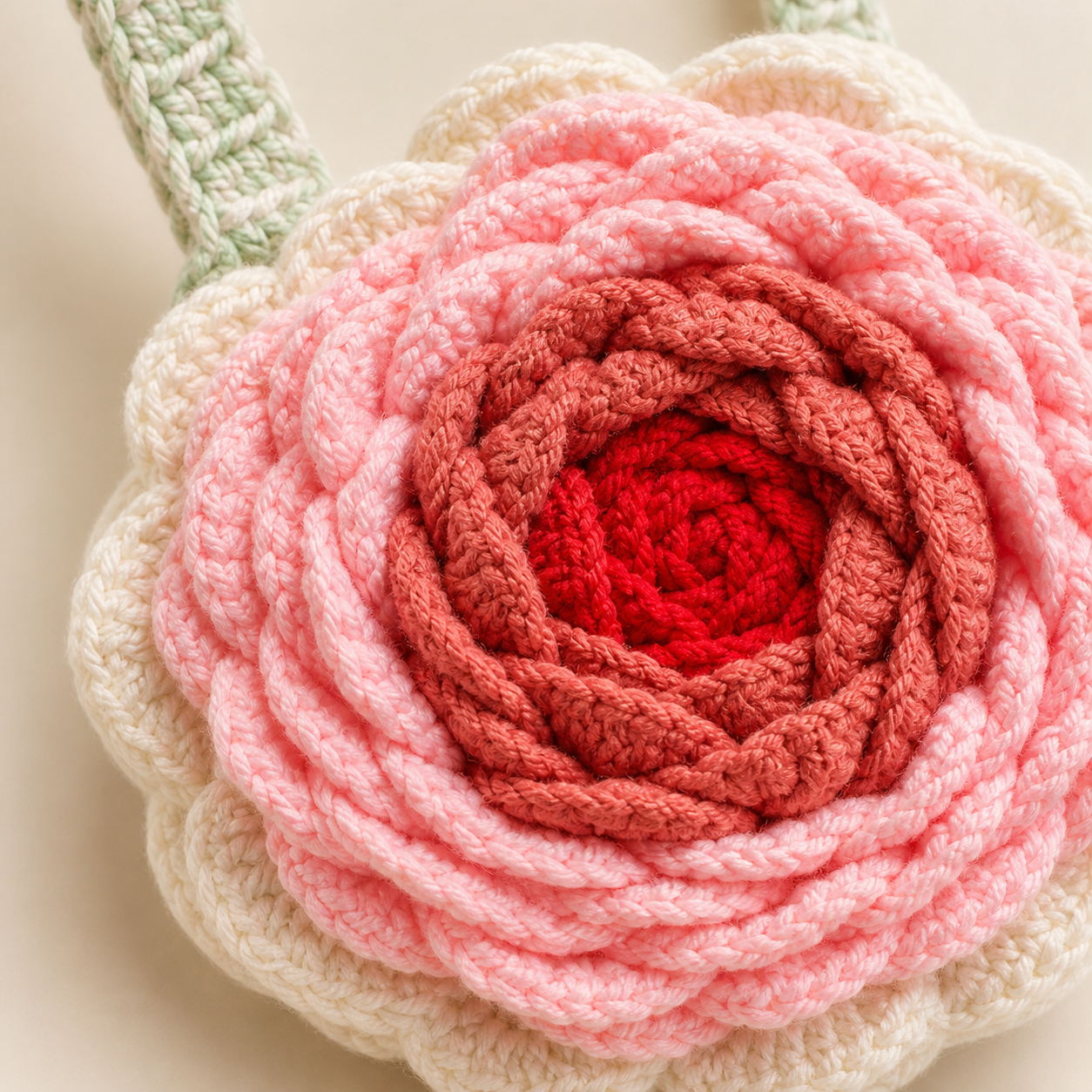 Close-up of layered crochet petals in cream, pink and deep red
