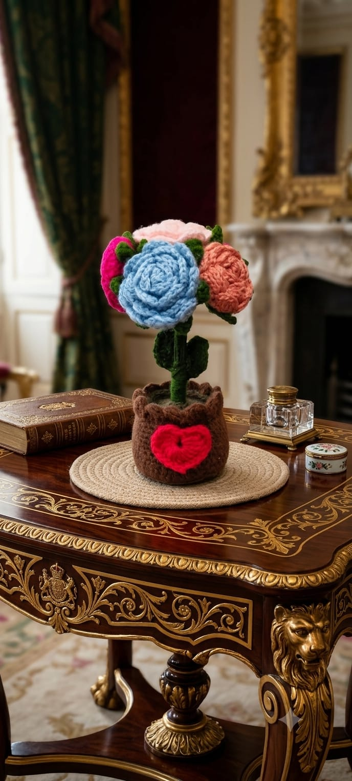 Crochet rose flower pot displayed as tabletop home decor