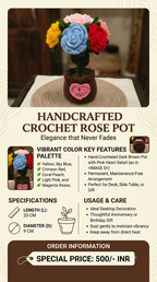 Crochet rose flower pot product features, measurements, care instructions and price