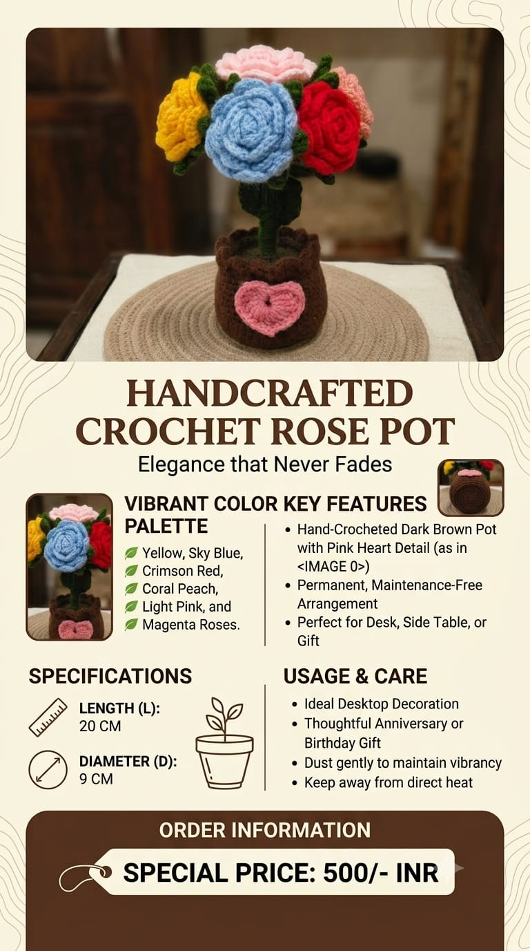 Crochet rose flower pot product features, measurements, care instructions and price