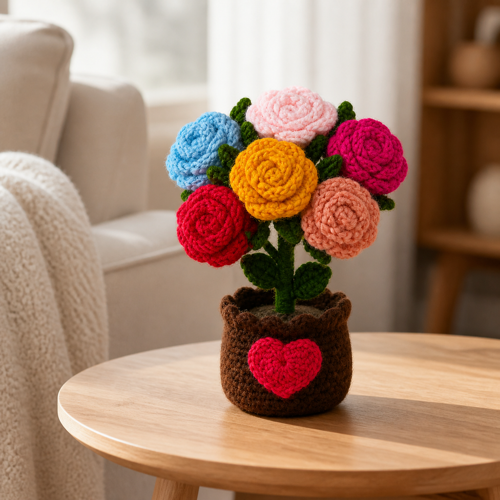 Handcrafted multicolour crochet rose arrangement in a dark brown pot with heart detail